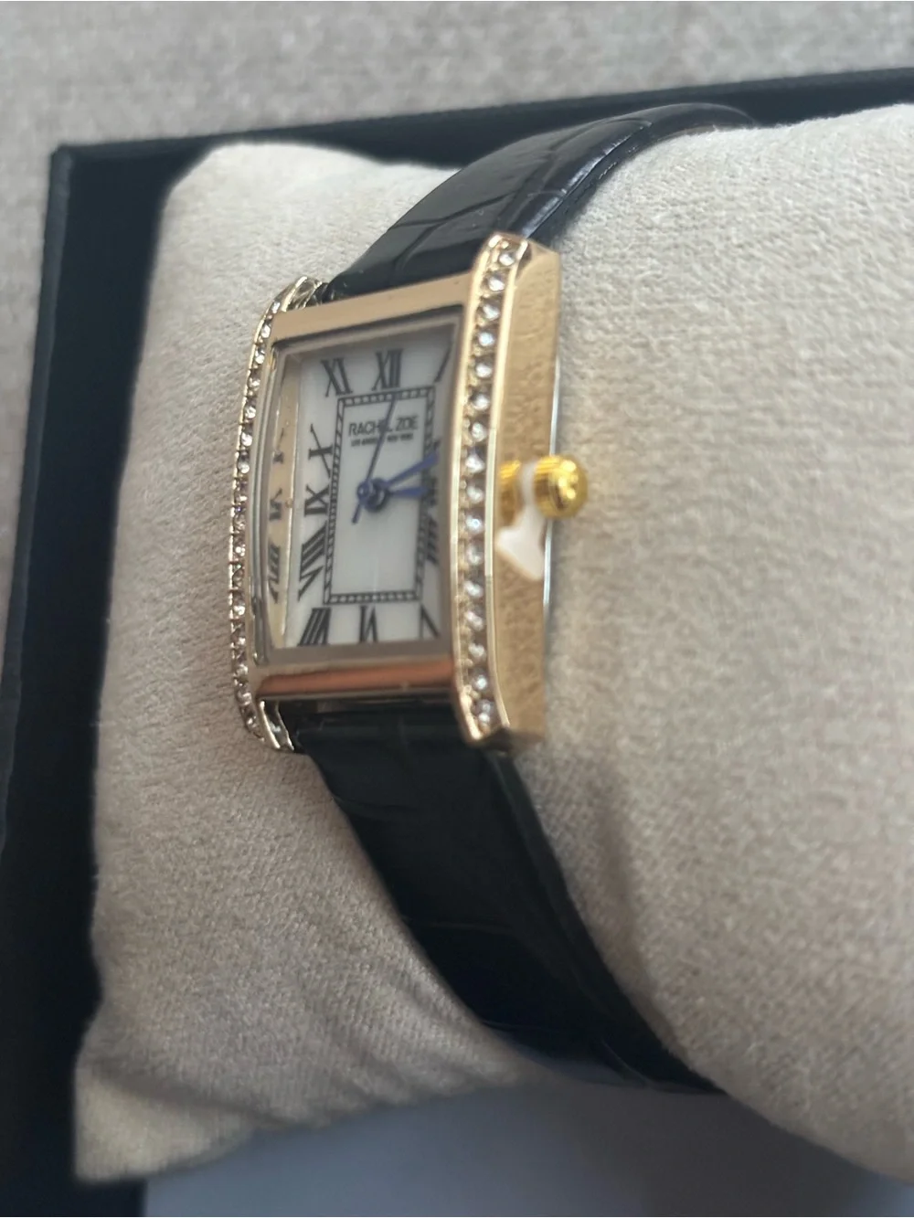 Rachel Zoe Black Leather Strap Gold-Tone Crystal Rectangle Watch